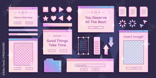 Computer screens, opened windows with short phrases and elements, loading bars and cursors, folders and documents. Graphic design stickers and decorations. Vector illustration set.