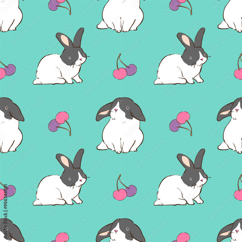 Fototapeta premium Seamless Pattern with Cartoon Rabbit and Cherry Design on Green Background