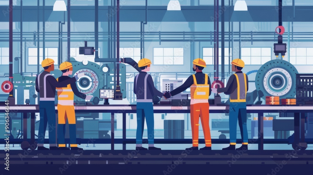 Fototapeta premium Workers in Protective Gear Shaking Hands in Manufacturing Setting.Generated image