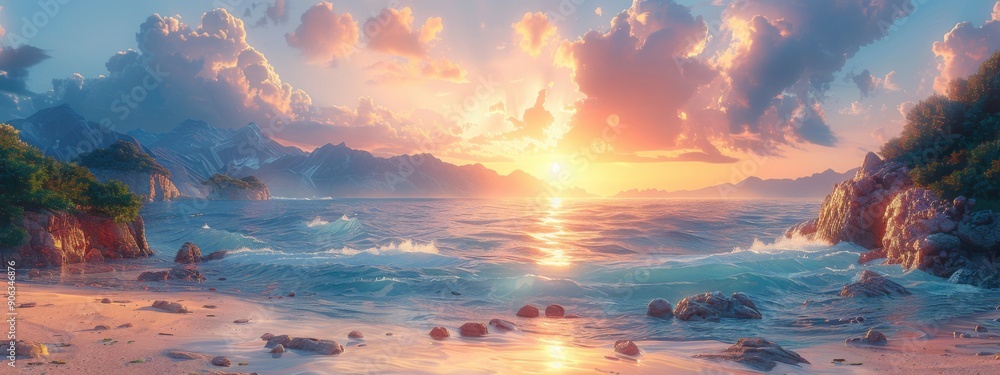 Fototapeta premium A beautiful sunset over the mountains and lake