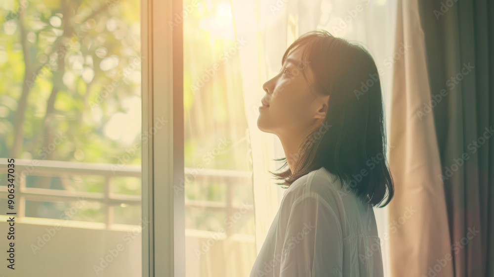 A serene woman basks in the warm, natural light streaming through a window, eyes closed, embracing a moment of tranquility in a bright, airy room. A serene woman basks in the warm, natural light streaming through a window, eyes closed, embracing a moment of tranquility in a bright, airy room.
