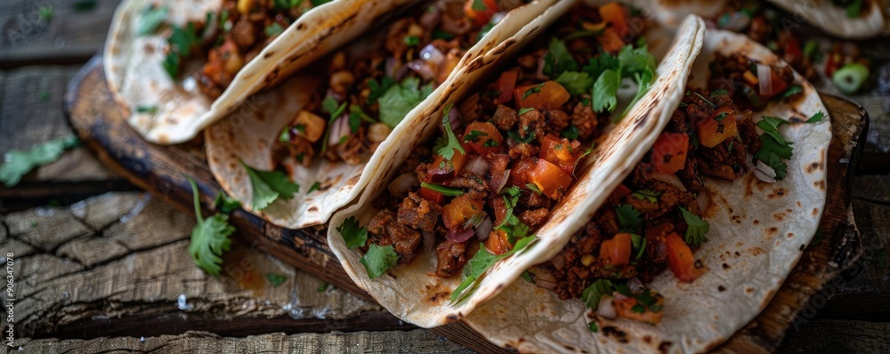 Fototapeta premium Delicious tacos filled with fresh ingredients, showcasing vibrant colors and textures on a rustic wooden background.