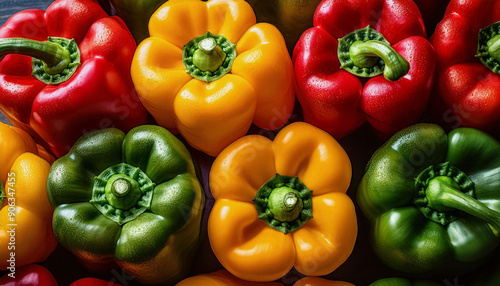 A row of peppers displayed on a wooden table.