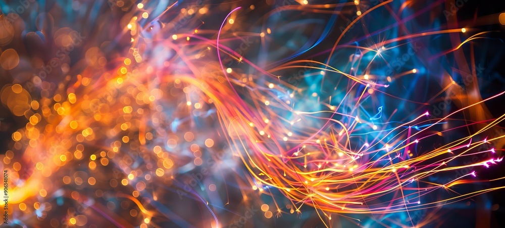 Fototapeta premium Vibrant Abstract Image of Bright Fireworks Bursting in a Night Sky. Concept of Celebration, Festivity, Colorful Light Show, Nighttime Wonders. Festive background. Banner