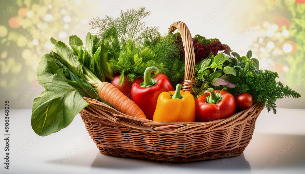 A basket filled with vegetables placed on a table. A basket filled with vegetables placed on a table.