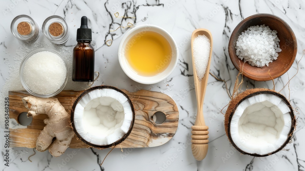 A flat lay displays natural ingredients for creating DIY body scrubs, including coconut, ginger, oils, and salts, arranged neatly on a marble surface A flat lay displays natural ingredients for creating DIY body scrubs, including coconut, ginger, oils, and salts, arranged neatly on a marble surface