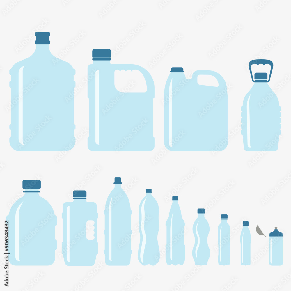 Large and small water bottles. Vector set of water bottles isolated on white background. Water bottles. Large and small water bottles. Vector set of water bottles isolated on white background. Water bottles.