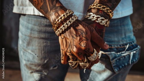 Close-up of a Man's Hands Adorned with Gold Jewelry