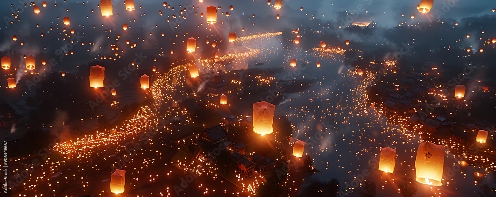 Obraz premium An aerial view of a lantern release, with thousands of lanterns illuminating the landscape below.
