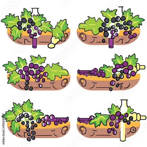 Colorful vector illustration grapes various stages ripening vine bowls. Tasty bunches grapes shown green leaves, represent growth winemaking concept. Cartoon style grapevines isolated white