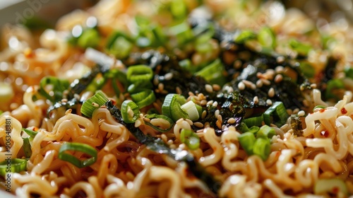 Asian Cuisine Spicy Stir Fried Instant Noodles with Sesame Seaweed and Spring Onion