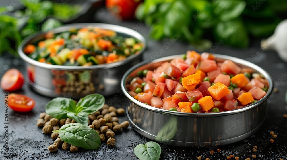 Two metal bowls with food for cats and dogs Canned wet pet food with vegetables and spinach and dry granulated feed Balanced nutrition for dogs and cats Choosing a healthy balanced pet : Generative AI Two metal bowls with food for cats and dogs Canned wet pet food with vegetables and spinach and dry granulated feed Balanced nutrition for dogs and cats Choosing a healthy balanced pet : Generative AI