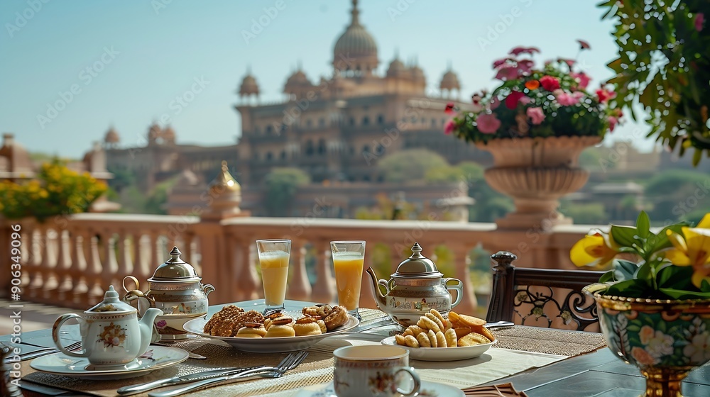 Fototapeta premium Table with a Continental breakfast on the terrace of the Umaid Bhawan Palace in Jodhpur Rajasthan India Asia : Generative AI