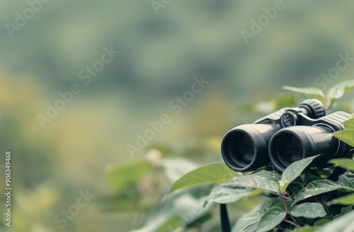 Binoculars Resting Among Green Leaves in a Lush Forest photo