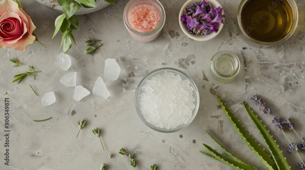 A flat lay showcases various natural ingredients, including aloe vera gel, herbs, and salt, arranged attractively on a light marble surface A flat lay showcases various natural ingredients, including aloe vera gel, herbs, and salt, arranged attractively on a light marble surface