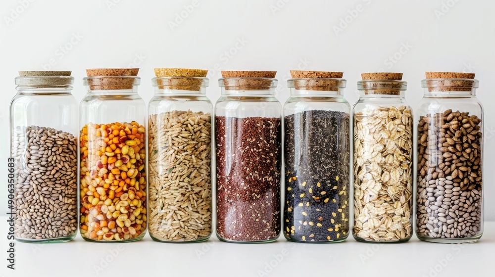 Assorted unprocessed grains and cereals in glass jars white backdrop Assorted unprocessed grains and cereals in glass jars white backdrop