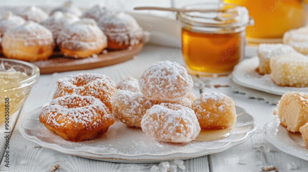 Assortment of classic Greek desserts kourabiedes and lukum coated in powdered sugar accompanied by honey on a white wooden surface Assortment of classic Greek desserts kourabiedes and lukum coated in powdered sugar accompanied by honey on a white wooden surface