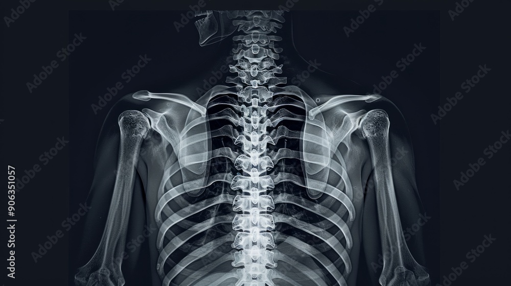 X-ray showing human thoracic skeleton and rib cage. Concept of medical imaging, bones structure, healthcare diagnostics, skeletal anatomy X-ray showing human thoracic skeleton and rib cage. Concept of medical imaging, bones structure, healthcare diagnostics, skeletal anatomy