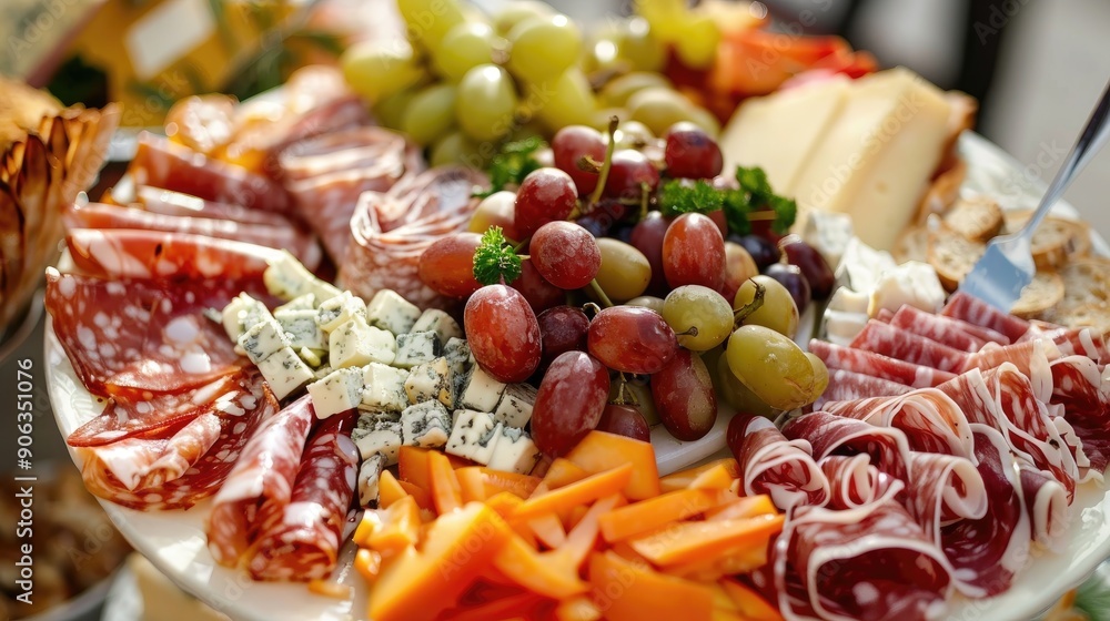 Assortment of cured meats cheese and fruits on platter Assortment of cured meats cheese and fruits on platter