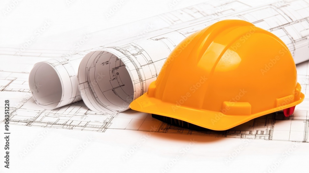 A vibrant yellow hard hat rests on architectural plans, symbolizing safety and preparation in construction and engineering projects. A vibrant yellow hard hat rests on architectural plans, symbolizing safety and preparation in construction and engineering projects.