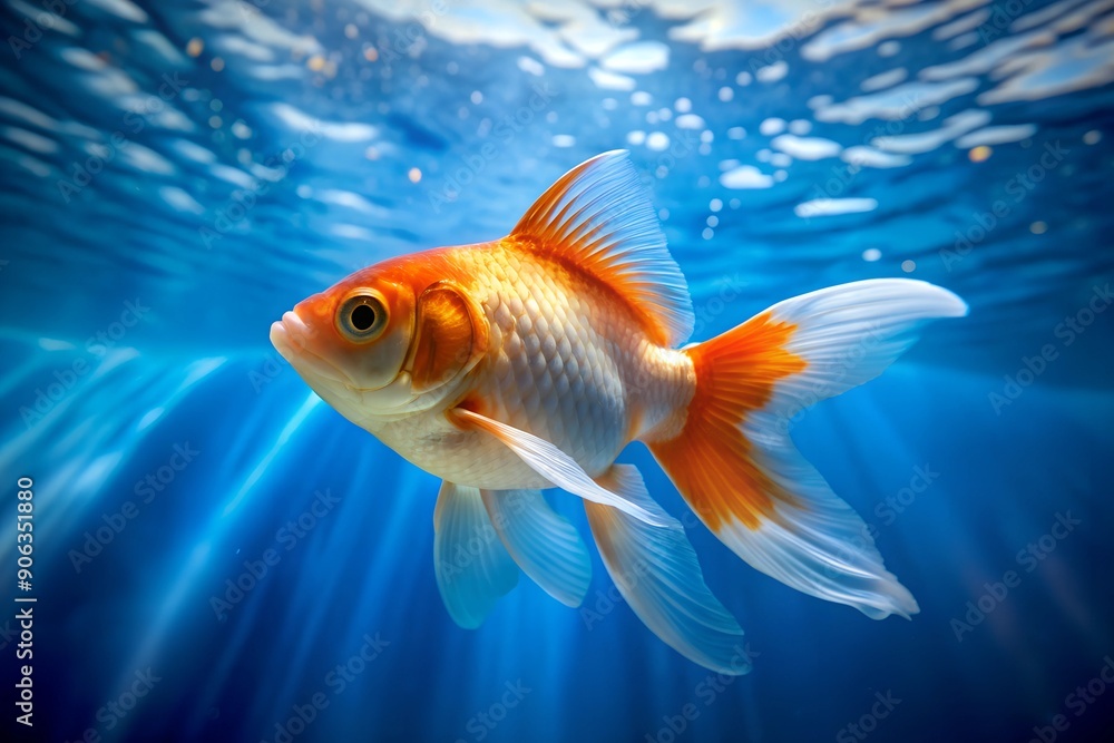 Orange and white goldfish swimming in a clear blue water. Simple and serene underwater scene with a single goldfish. Orange and white goldfish swimming in a clear blue water. Simple and serene underwater scene with a single goldfish.
