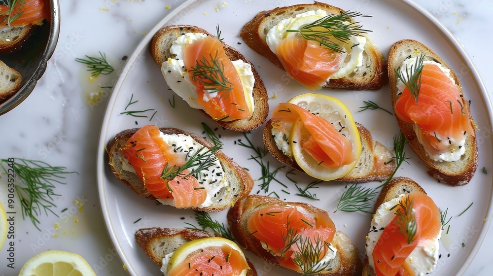 Smoked salmon crostini with cream cheese dill and lemon zest on a serving plate overhead shot Smoked salmon crostini with cream cheese dill and lemon zest on a serving plate overhead shot