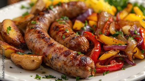 Obraz na płótnie sweet italian sausage with red roasted potatoes served with sauteed peppers and onions w salonie