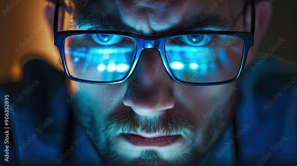Close up view of focused businessman wears computer glasses for reducing eye strain blurred vision looking at pc screen with computer reflection using internet reading watching working online late Close up view of focused businessman wears computer glasses for reducing eye strain blurred vision looking at pc screen with computer reflection using internet reading watching working online late