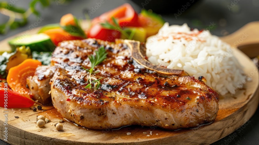 Photo of freshly cooked pork chop served with rice and vegetables Photo of freshly cooked pork chop served with rice and vegetables