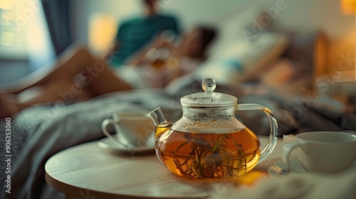 Man and woman sitting on the bed Glass teapot with herbal tea standing on a small table with two cups near it photo