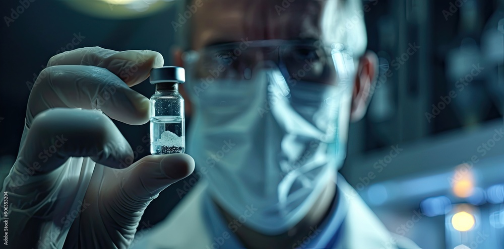 A doctor wearing a sterile gown, holding a bottle of medicine. A doctor wearing a sterile gown, holding a bottle of medicine.