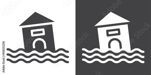 Flooded house icon Thin line illustration set