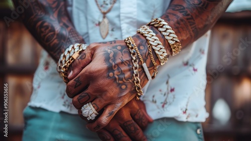 Closeup of a Man's Hands with Gold Jewelry and Tattoos