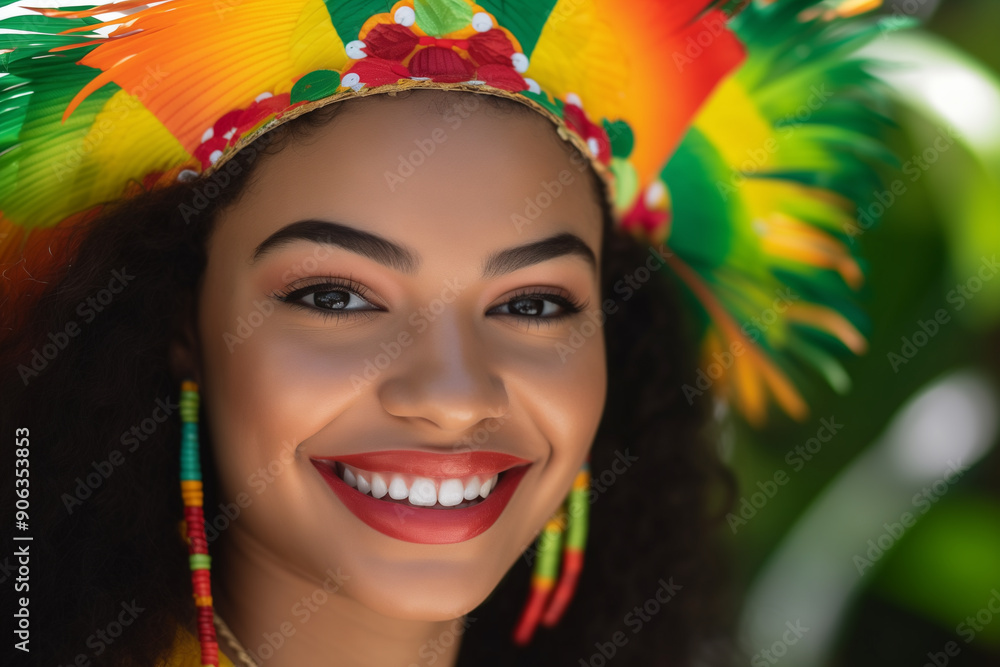 Vibrant Close-up Portrait of a Smiling Woman in Traditional Brazilian Headwear Vibrant Close-up Portrait of a Smiling Woman in Traditional Brazilian Headwear
