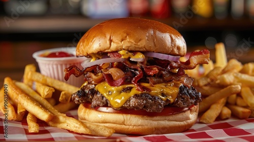Double smash burger with crispy bacon cheddar cheese onions and fries