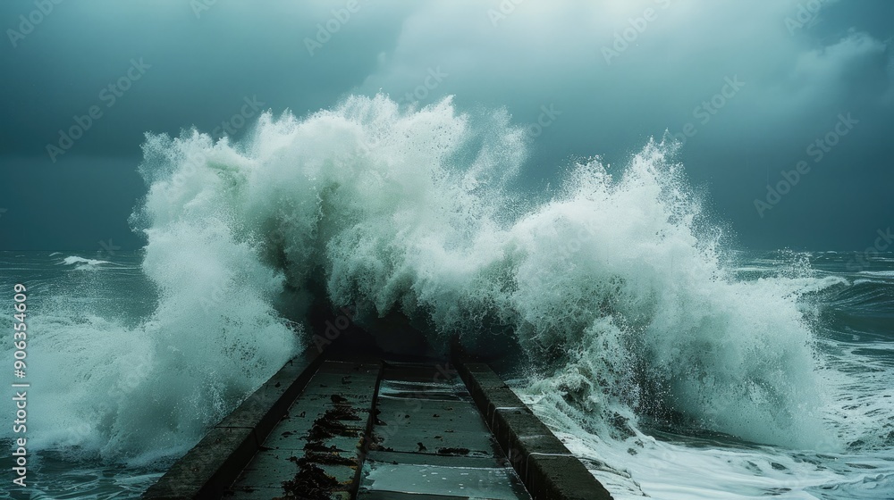 Fototapeta premium Storm at sea high waves crashing against the concrete breakwaters of the port with white splashes