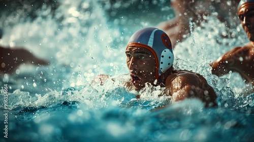 Water Polo Player in Action, Splashing in the Pool. Strong teamwork in competition tournament.