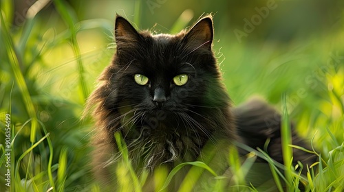 Large serious fluffy black cat with green eyes in the grass photo