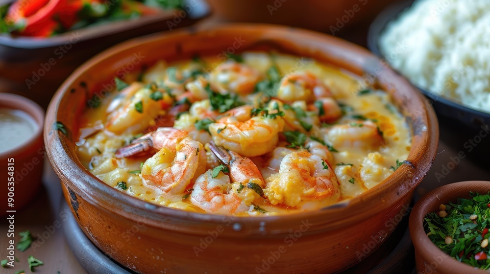 Shrimp bobo a Brazilian dish of shrimp in a pure of manioc meal and coconut milk It is served with farofa on palm oil and rice There are small pots around the plate with the chopped ingredients Shrimp bobo a Brazilian dish of shrimp in a pure of manioc meal and coconut milk It is served with farofa on palm oil and rice There are small pots around the plate with the chopped ingredients