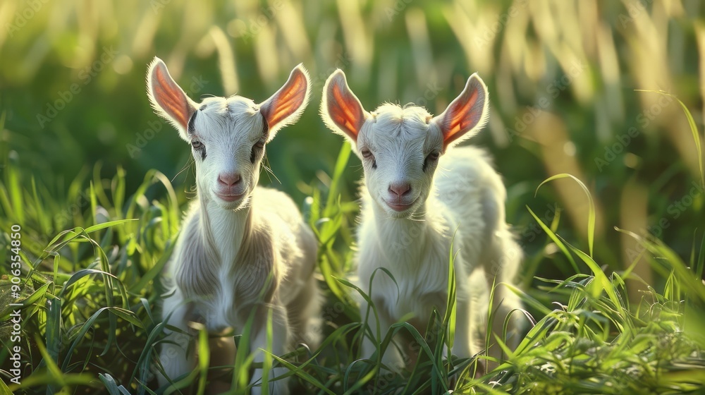 Two baby goat kids stand in long summer grass Two baby goat kids stand in long summer grass