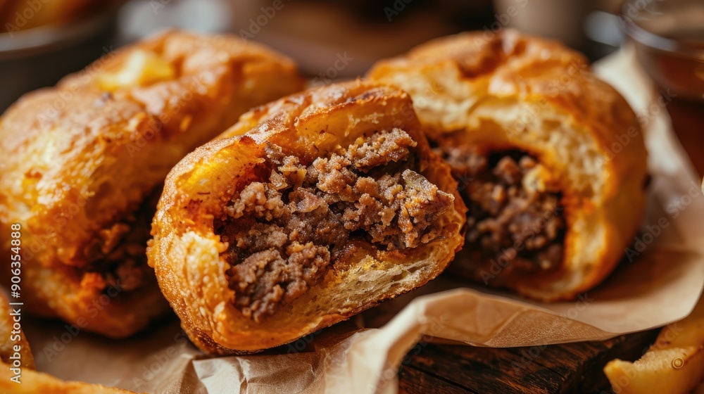 Dutch fast food deep fried croquettes filled with ground beef meat served on bread close up Dutch fast food deep fried croquettes filled with ground beef meat served on bread close up