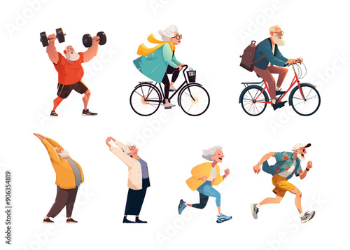 Senior man and woman going sport, exercise. Flexibility and stretching, active leisure, running and cycling for healthy lifestyle. Workout, lifting dumbbells. Vector cartoon illustration