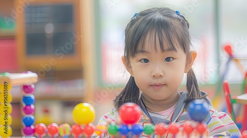 Child girl with ponytail enjoys playful learning experience with colorful bead sorting toy in classroom