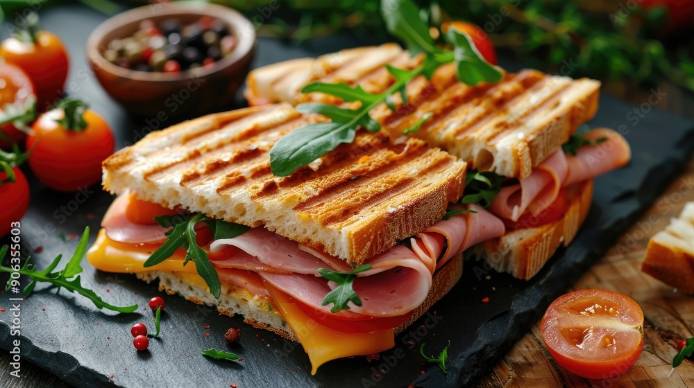 Crisp and delicious sandwich made of ham cheese and tomatoes Sandwich for lunch Crisp and delicious sandwich made of ham cheese and tomatoes Sandwich for lunch