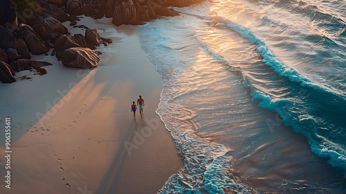 Anse Cocos beach La Digue Island Seyshelles Drone aerial view of La Digue Seychelles bird eye view couple men and woman walking at the beach during sunset at a luxury vacation : Generative AI photo