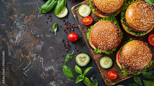 Tasty grilled home made burgers with beef tomato cheese cucumber and lettuce Top view with copy space photo