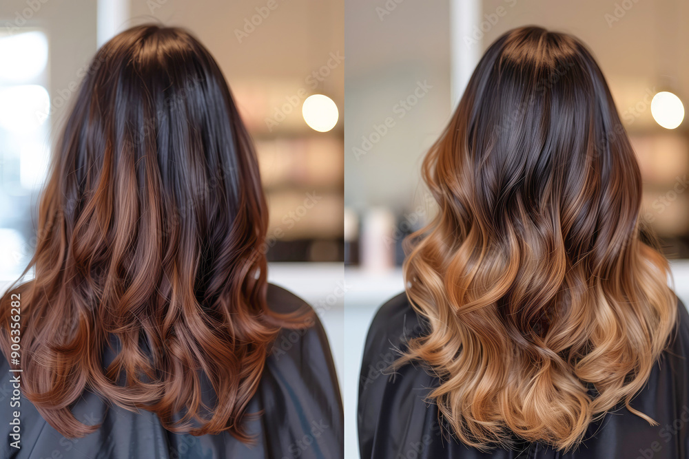 A brunette woman at a hairdressing salon, showcasing her curly hair before and after dyeing, highlighting the transformation
