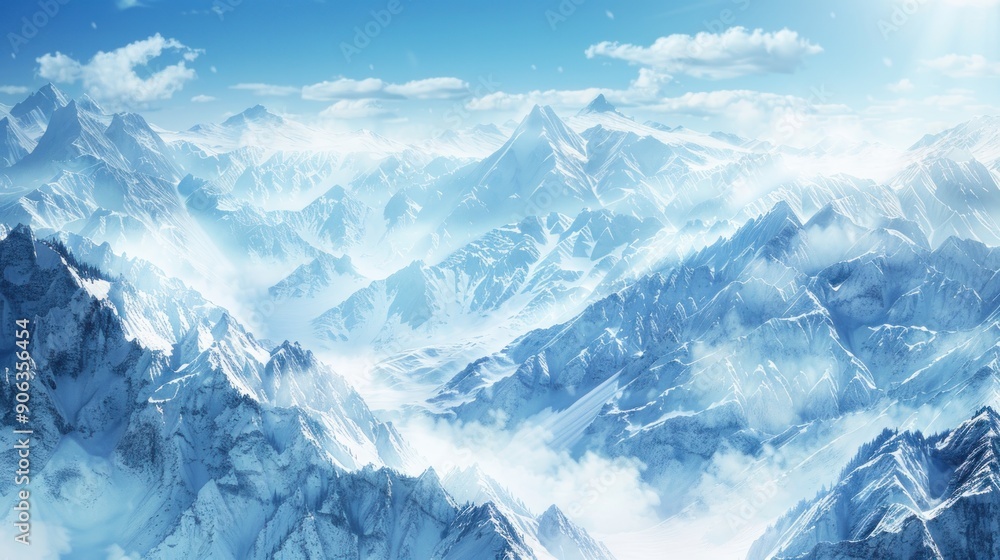 Breathtaking aerial view of snow-capped mountain ranges under a clear blue sky Breathtaking aerial view of snow-capped mountain ranges under a clear blue sky