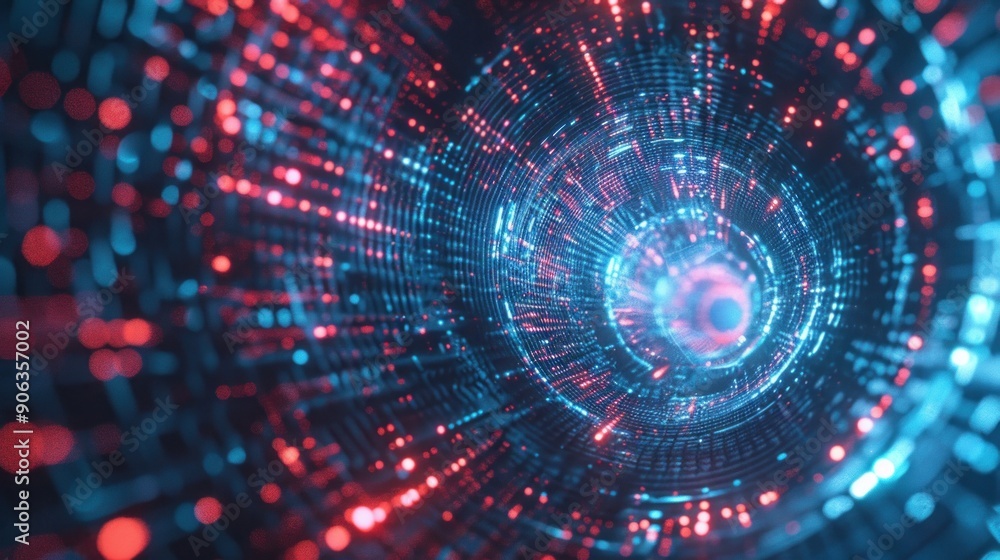 Abstract Spiral Tunnel with Red and Blue Light