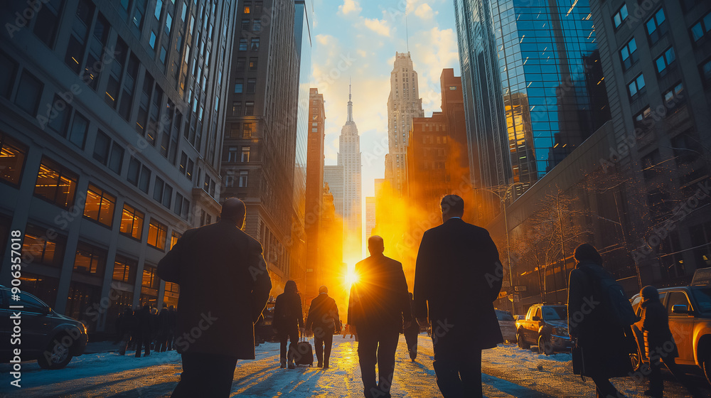 A group of people walking down a city street on a sunny day A group of people walking down a city street on a sunny day
